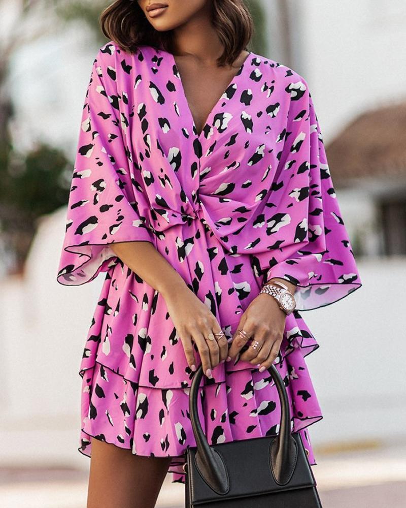 

Allover Print Batwing Sleeve Layered Dress, Purple