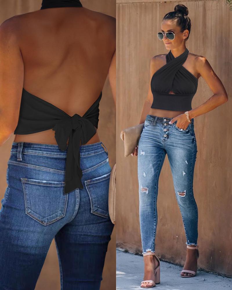 

Solid Color Sleeveless Plain Neck Hanging Cold Back Blouse, Black