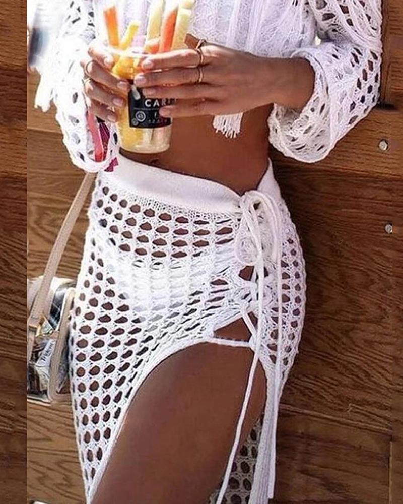 

Tassel Design High Slit Hollow Out Crochet Cover Up, White