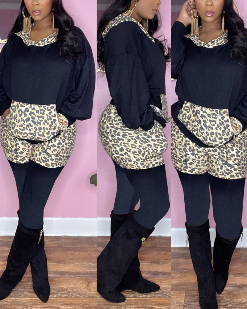 

Leopard Patch Long Sleeve Hoodie & Pants Set, Black
