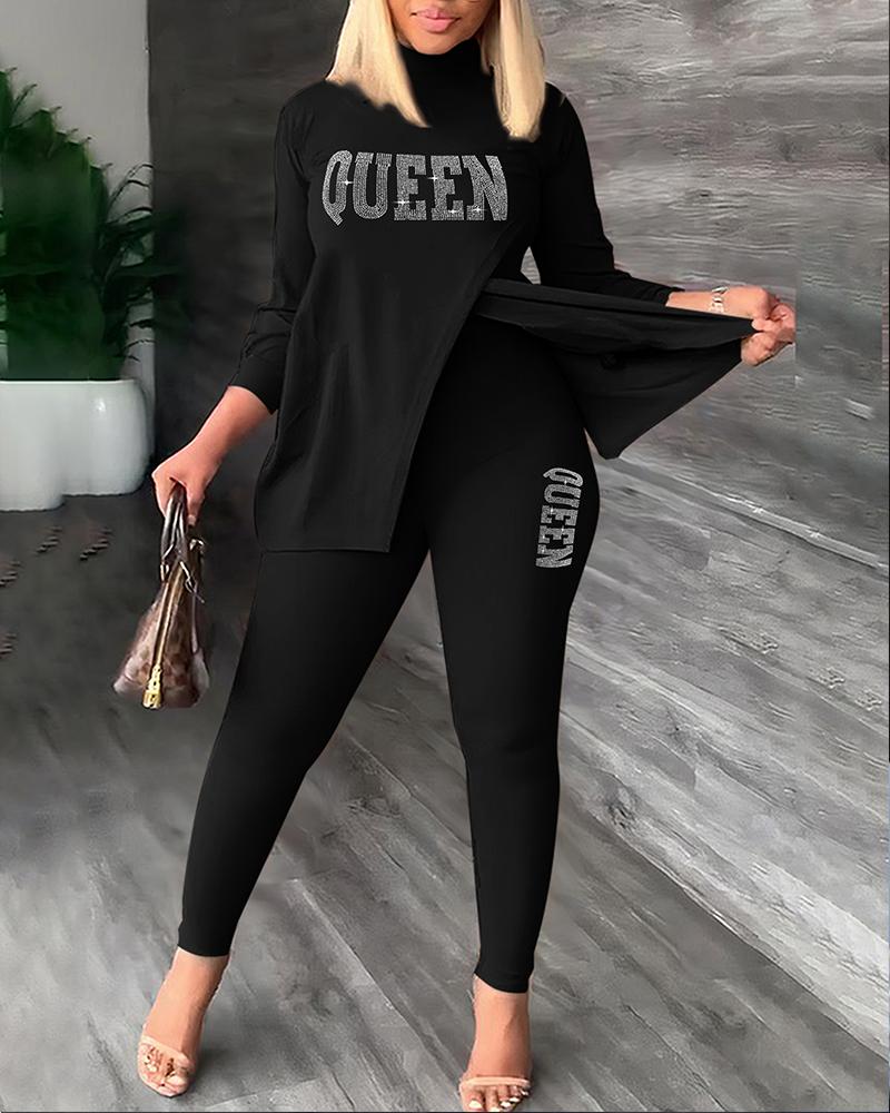 

Rhinestone Letter Pattern Split Hem Top & Pants Set, Black