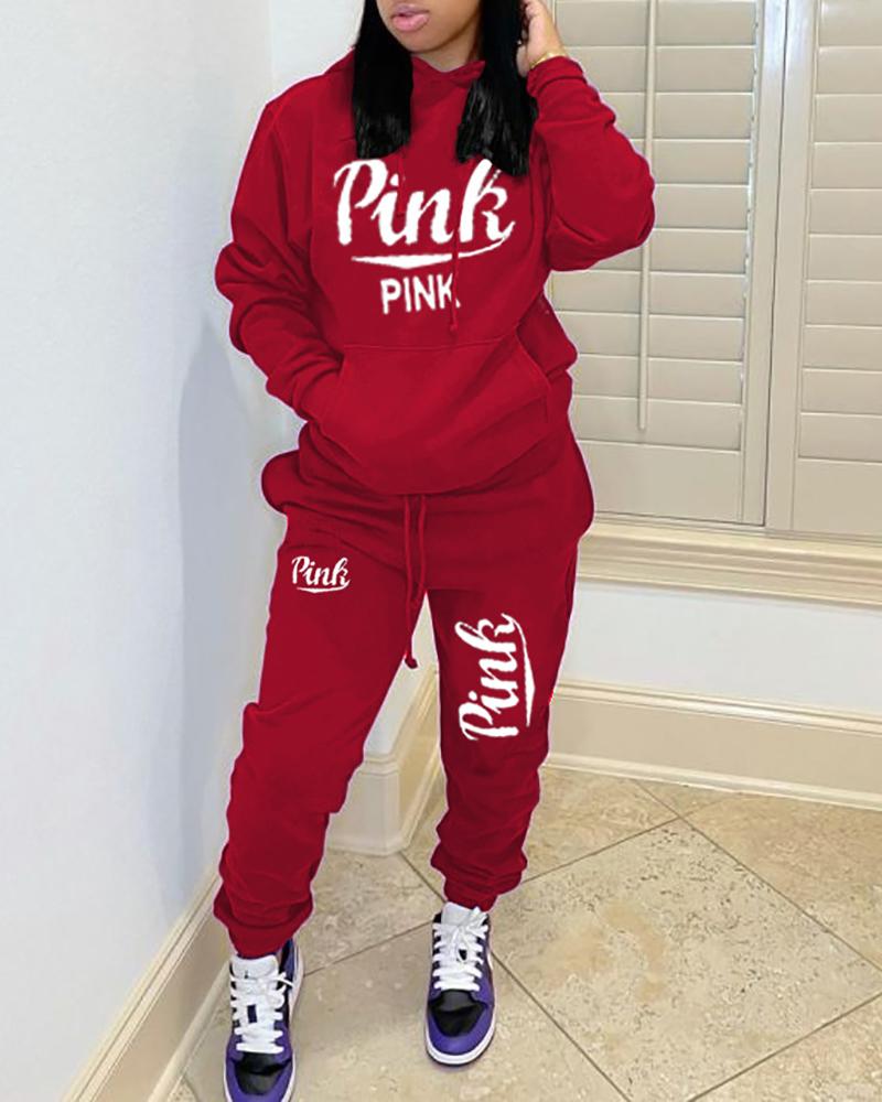 

Letter Print Pocket Design Hooded Top & Pants Set, Wine red