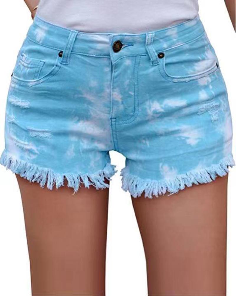 

Tie Dye Print Ripped Raw Hem Denim Shorts, Blue