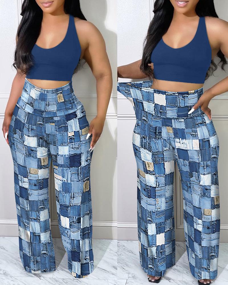 

Crop Tank Top & Denim Look Print High Waist Pants Set, Blue