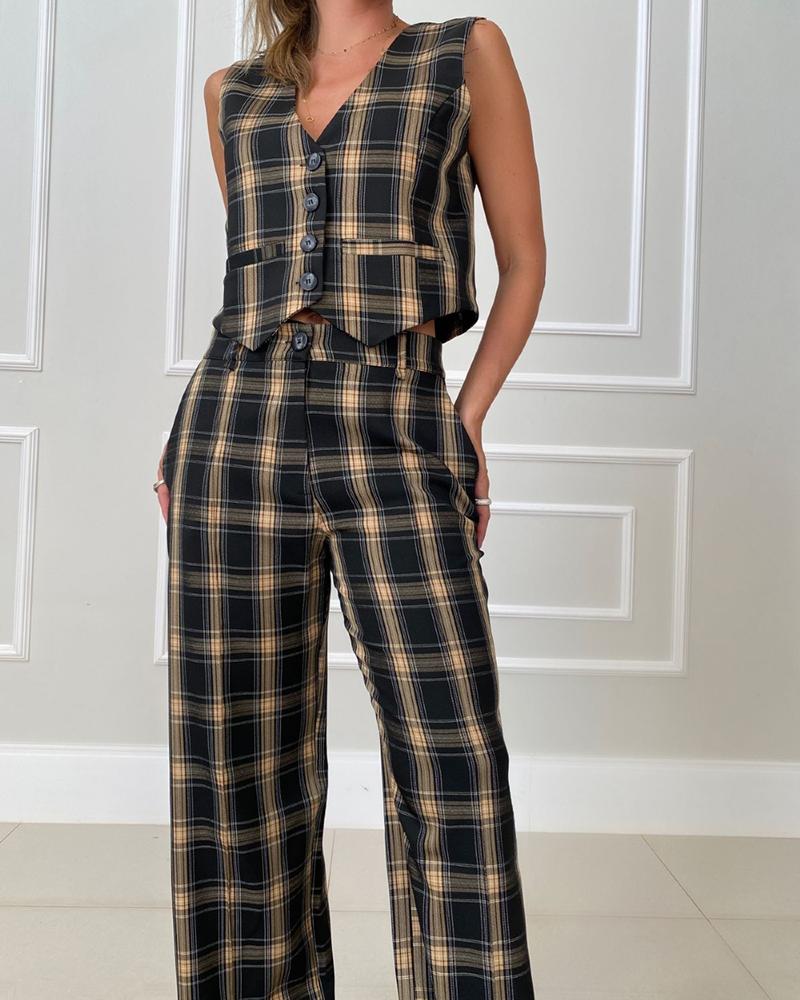 

Plaid Print Buttoned Tank Top & Wide Leg Pants Set, Black