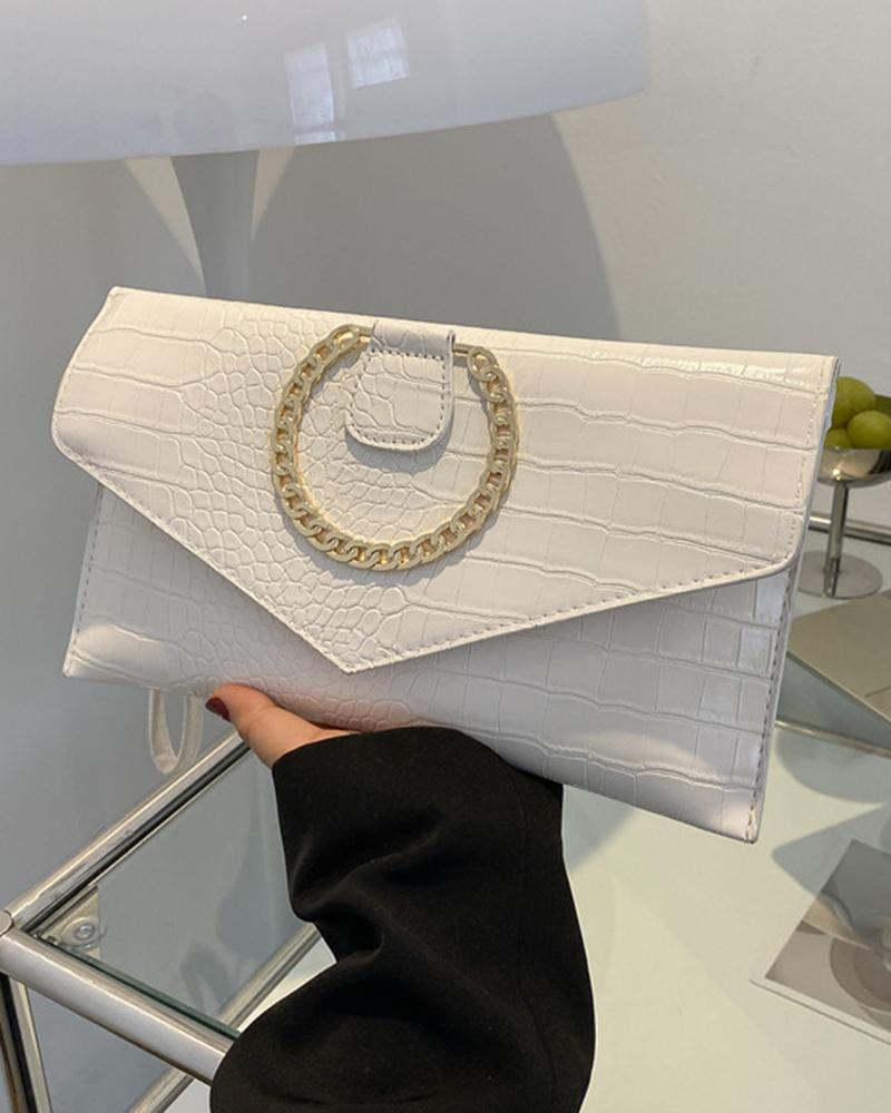 

Crocodile Chain Decor Magnetic Flap Clutch Envelop Bag, White