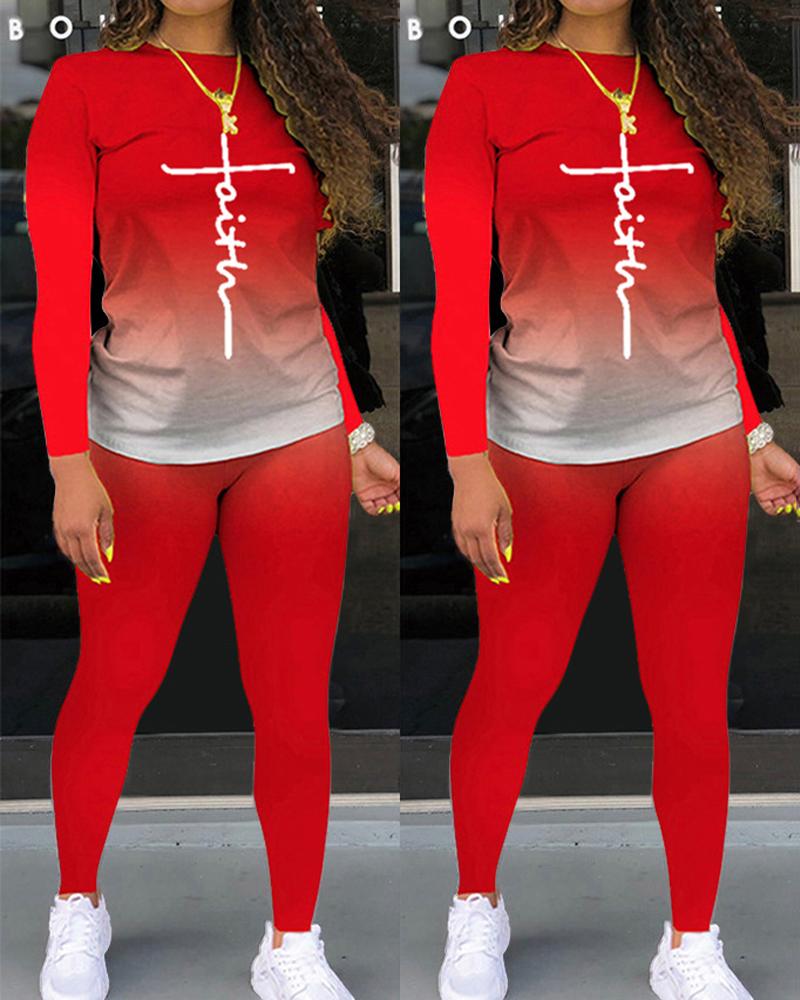 

Plus Size Letter Print Ombre Long Sleeve Top & Pants Set, Red