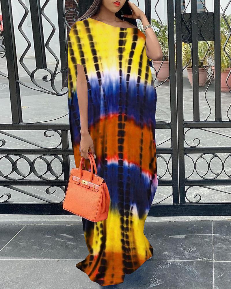 

Tie Dye Print V-Neck Short Sleeve Maxi Dress, Yellow