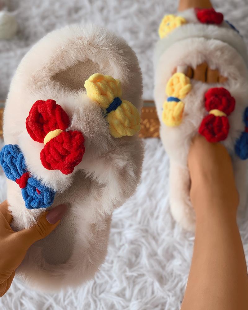 

Colorful Braided Bowknot Fluffy Slipper, Beige