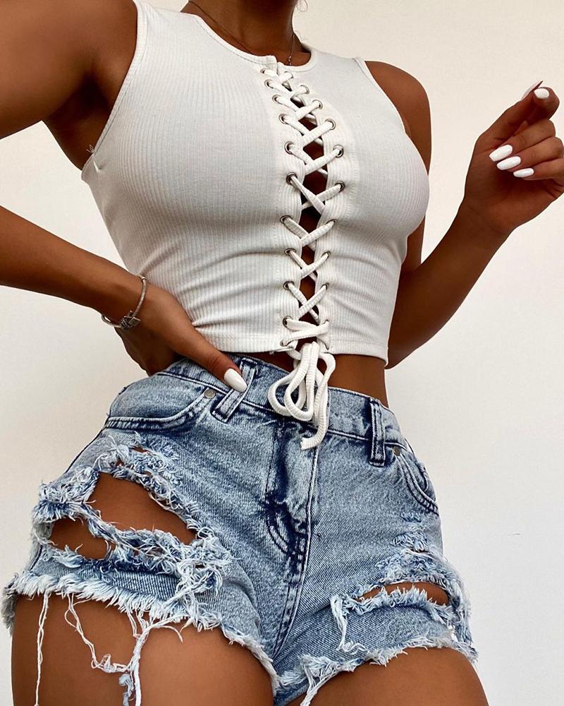 

Eyelet Lace-up O-Neck Tank Top, White