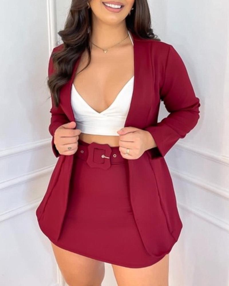 

2 Pieces Blazer Set Open Front Long Sleeve Work Blazer and Casual Tied Detail Skirt Set, Dark red