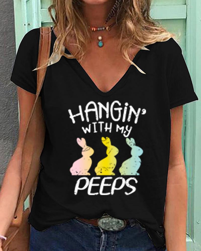

Easter Bunny Letter Print Short Sleeve T-shirt, Black
