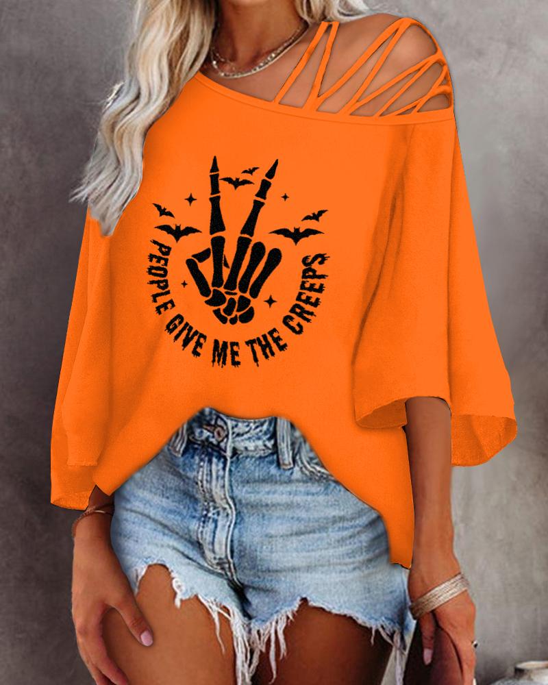 

Halloween Graphic Print Cold Shoulder Bell Sleeve Top, Orange