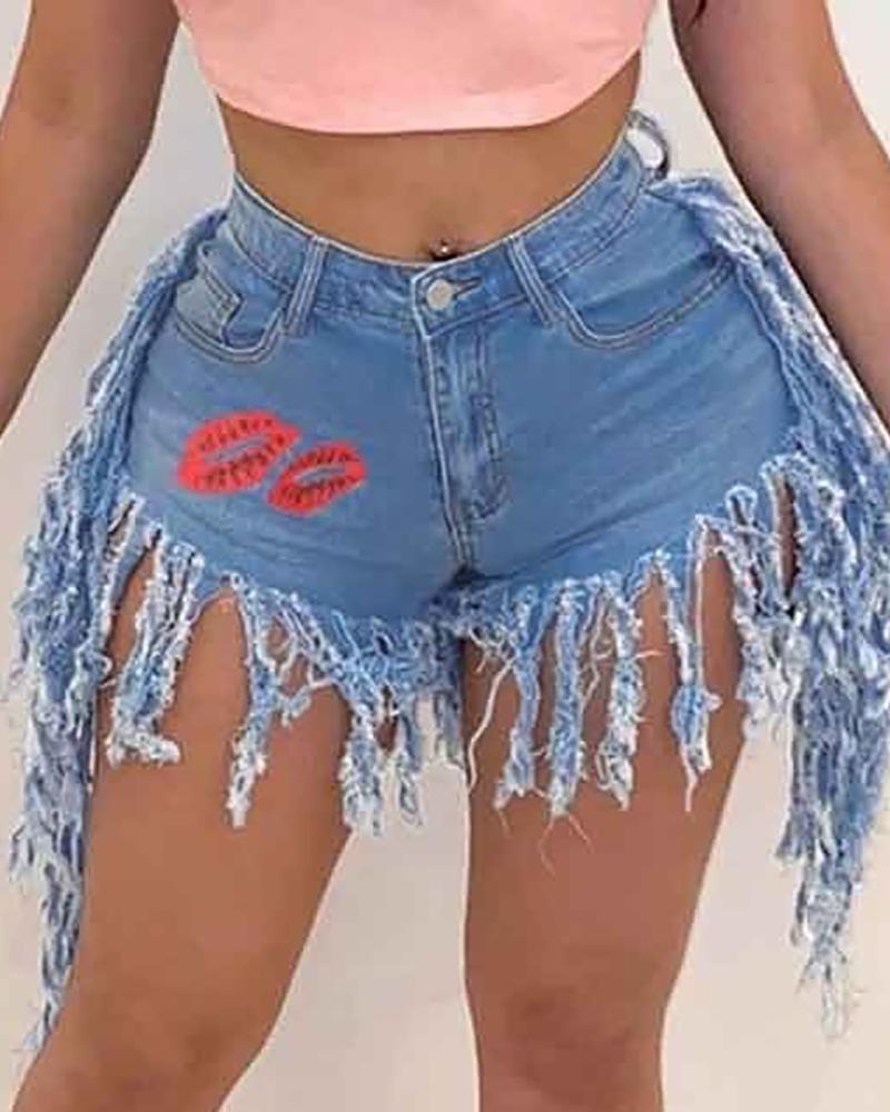 

Lip Print Fringe Hem Tassel Design Denim Shorts, Blue