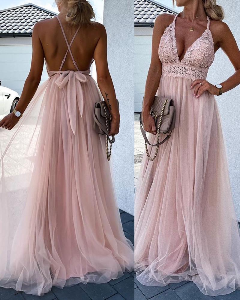 

Sleeveless Plain Crisscross Backless Lace Patch Mesh Prom Dress Wedding Guest Dress, Pink