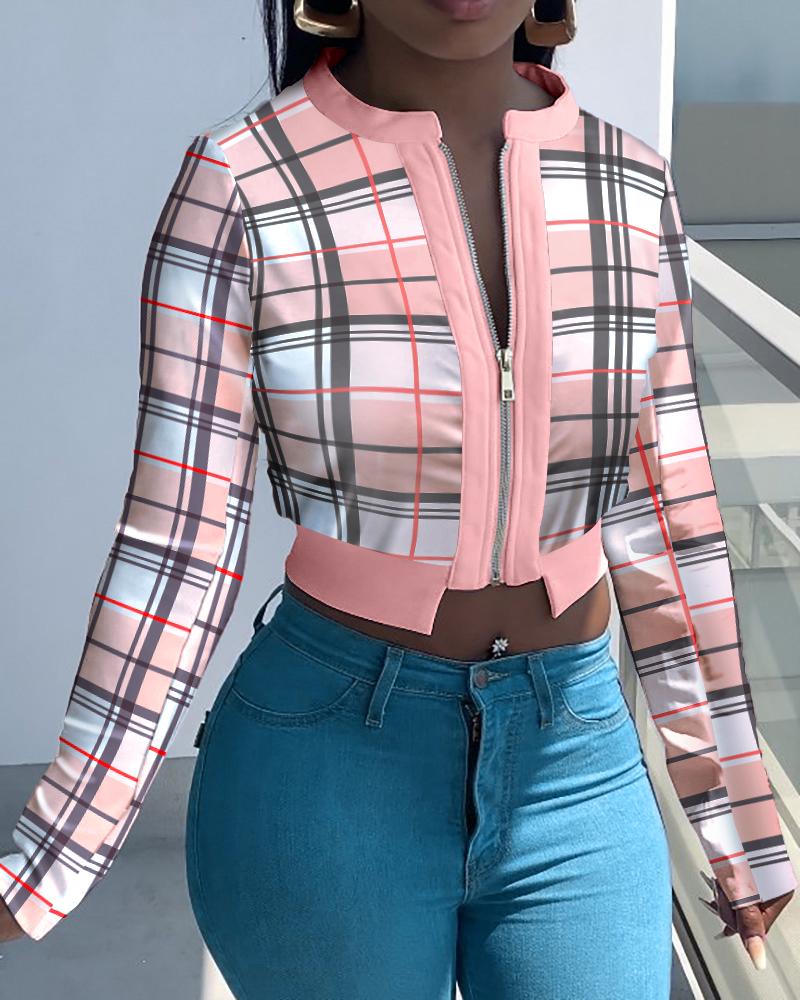 

Plaid Print Sheer Mesh Zip Front Long Sleeve Crop Coat, Pink