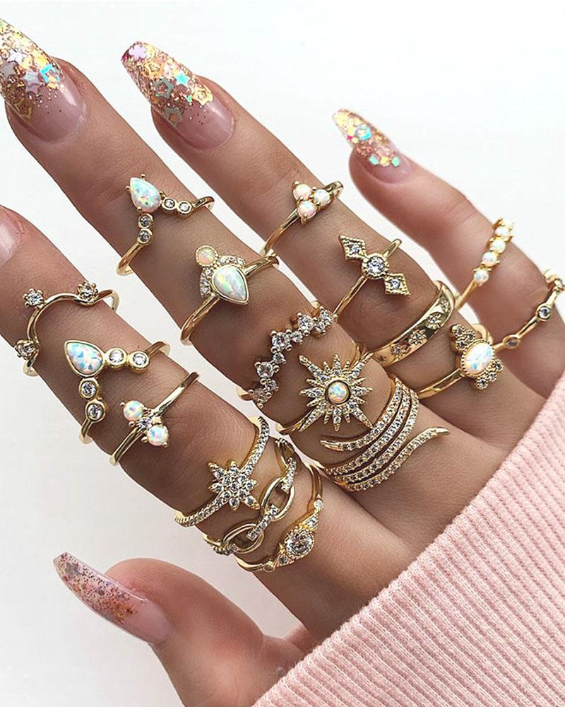 

17PCS/Set Rhinestone Beaded Decor Geo Pattern Boho Ring, Gold