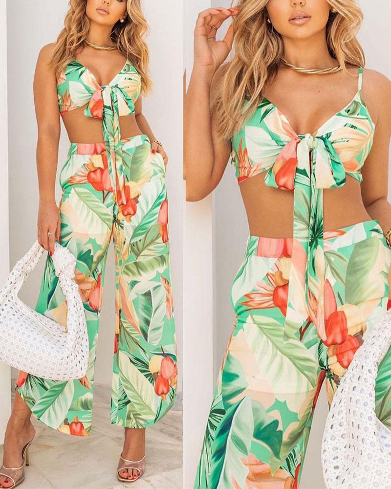 

Tropical Print Knot Front Crop Cami Top & Pants Set, Green