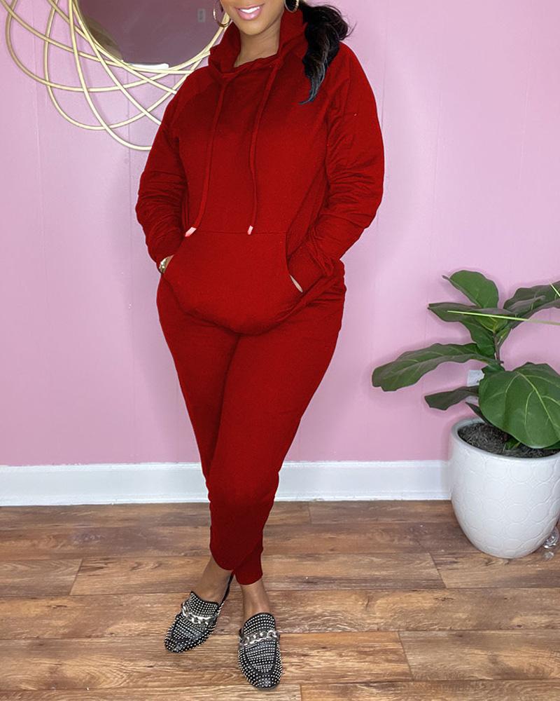 

Long Sleeve Drawstring Hoodie & Pants Set, Wine red