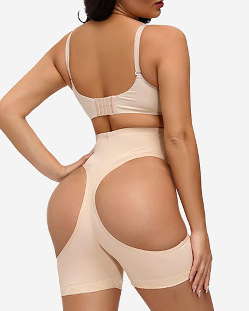 

Contrast Lace High Waist Cut-Out Butt Abdomen Safe Shapewear Shorts, Apricot