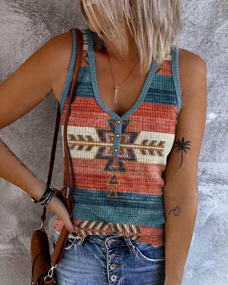 

Aztec Geometric Striped Print Tank Top, Multicolor