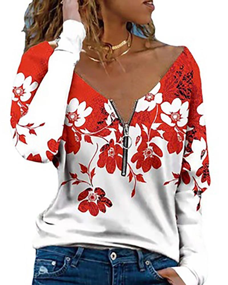 

Floral Print Zipper Design Long Sleeve Top, Red