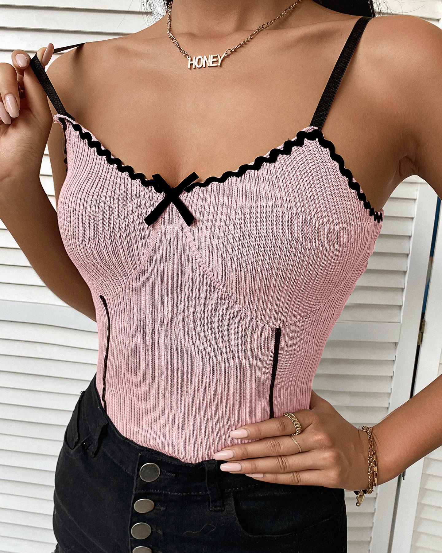 

Bowknot Front Knit Casual Women Top, Pink