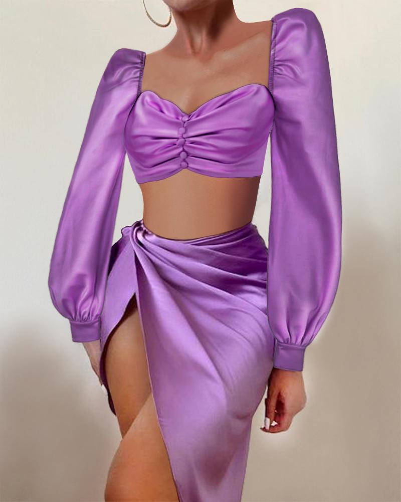 

Satin Sweetheart Neck Single Breasted Puff Sleeve Crop Top & Twist Slit Skirt Set, Purple