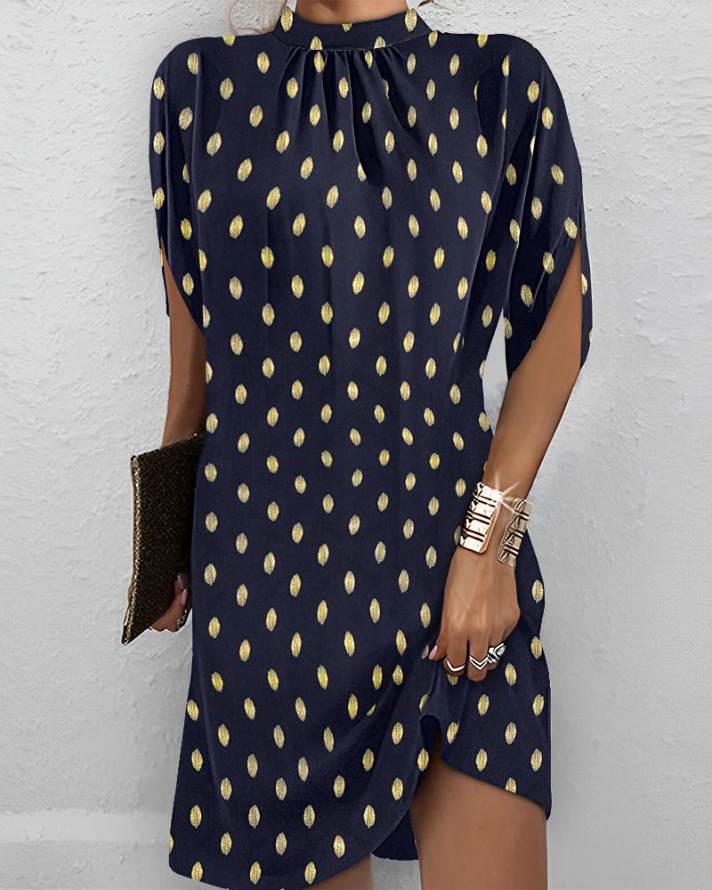 

Bronze Leaf Print Mock Neck Casual Dress, Dark blue