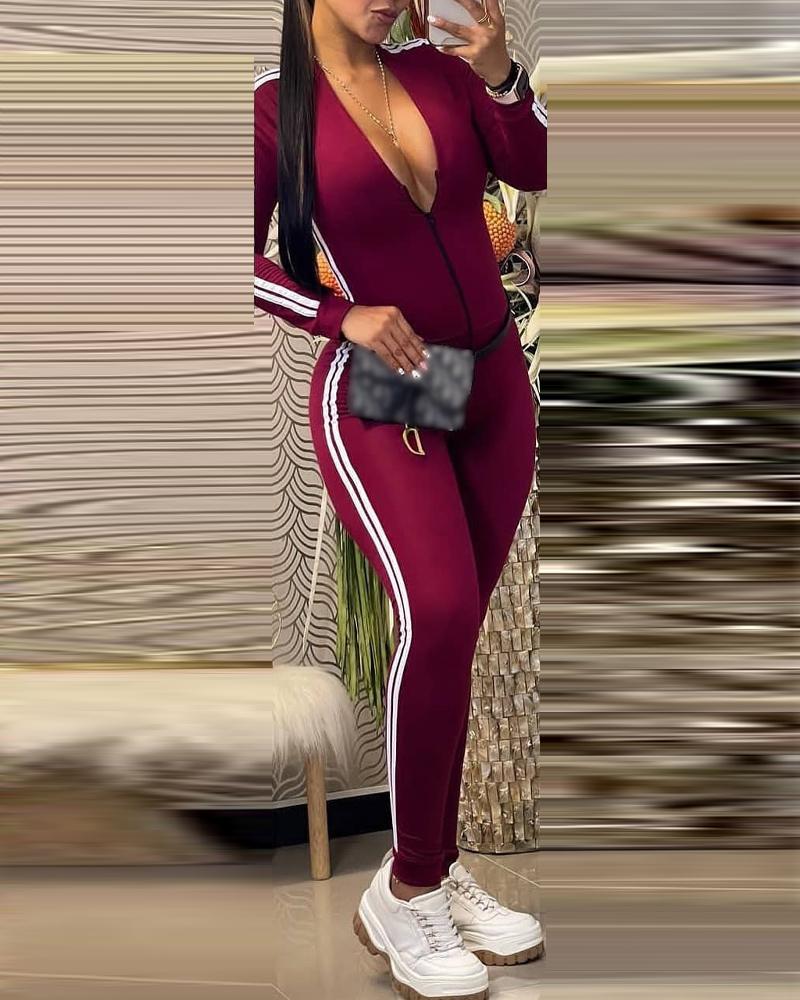 

Striped Plunge Long Sleeve Jumpsuit, Red