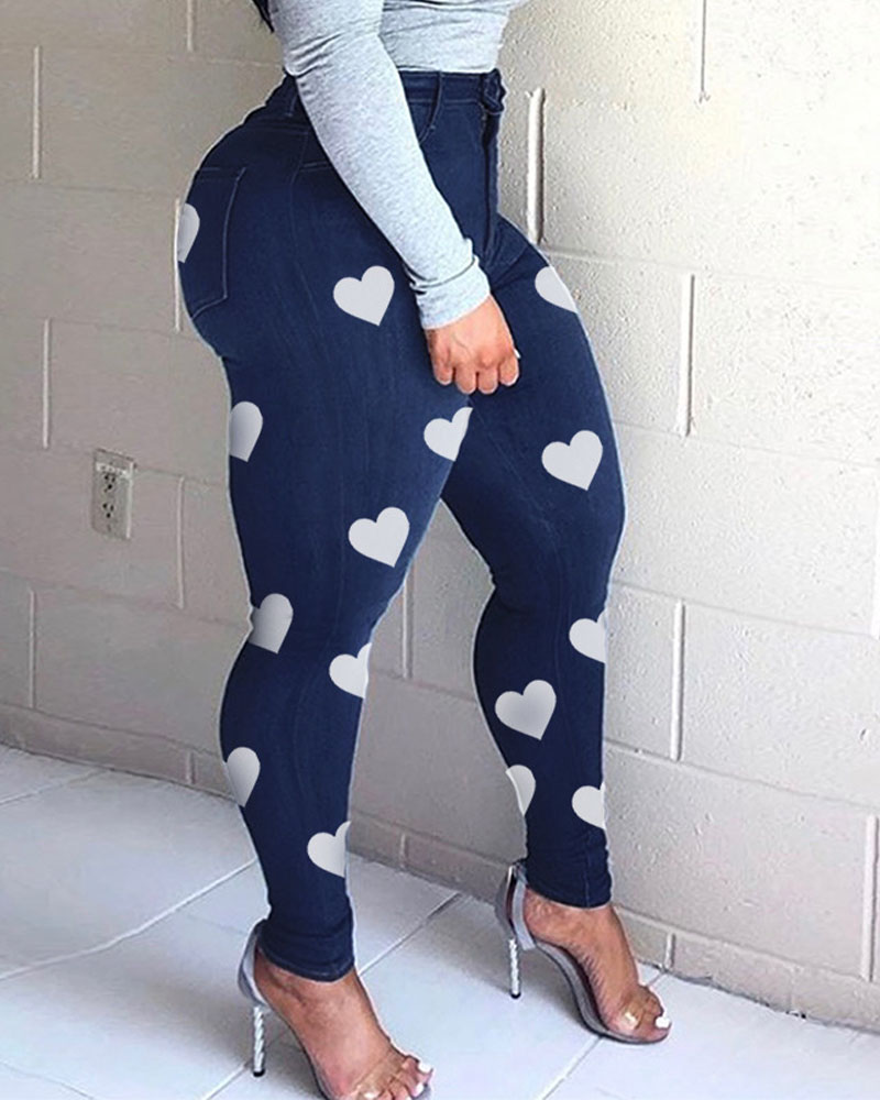 

Zipper Fly Heart Print Skinny Jeans, Purplish blue