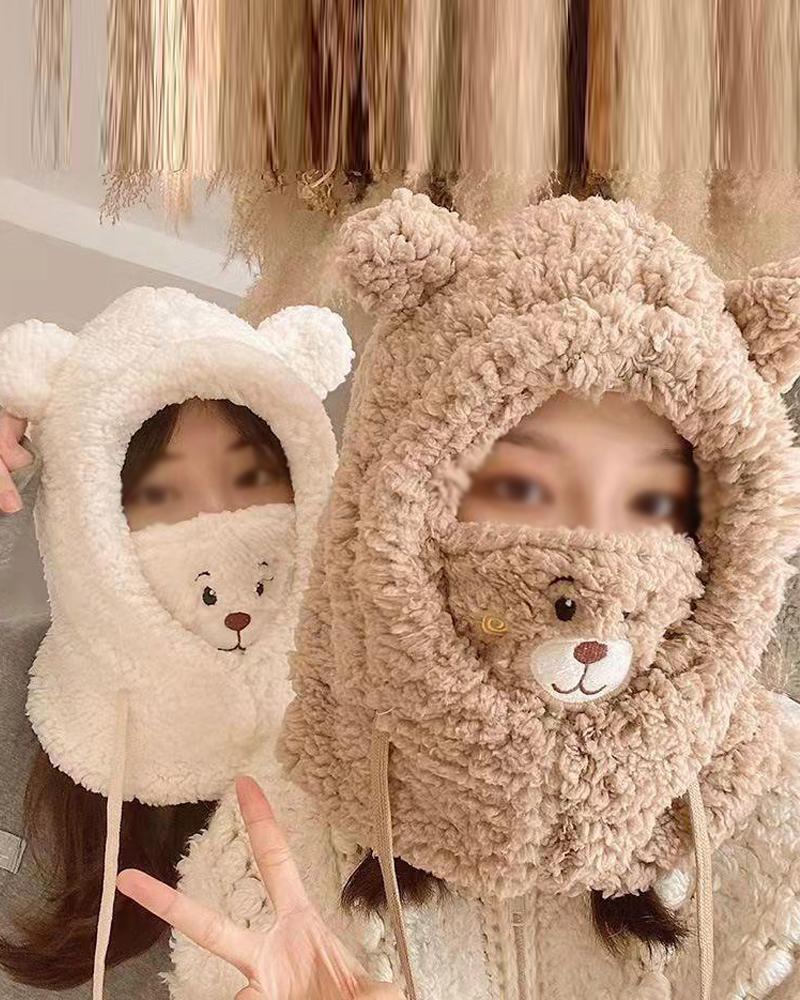 

1pc Embroidery Cute Bear Fluffy Beanie Hat Scarf Mask Neck Warmer Set Drawstring Warm Hooded Winter Balaclava Pullover Hats, Khaki