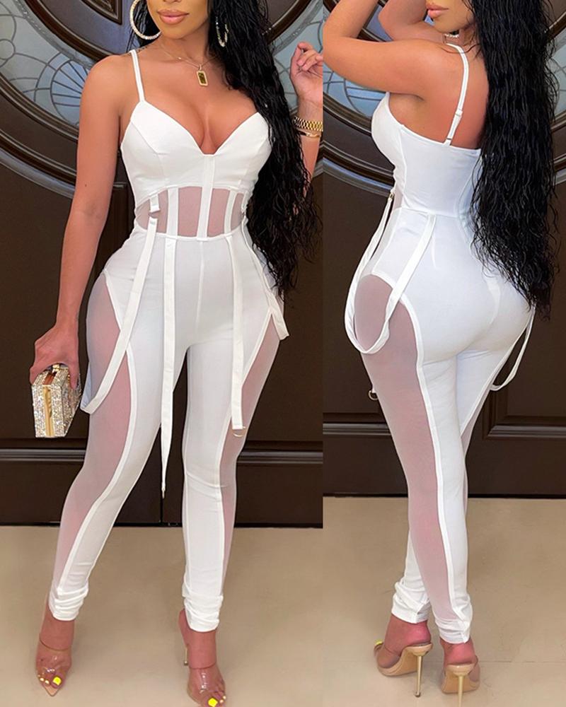 

Spaghetti Strap Sheer Mesh Patch Jumpsuit, White
