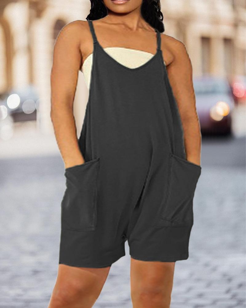 

Plus Size Pocket Design V-Neck Cami Romper, Black
