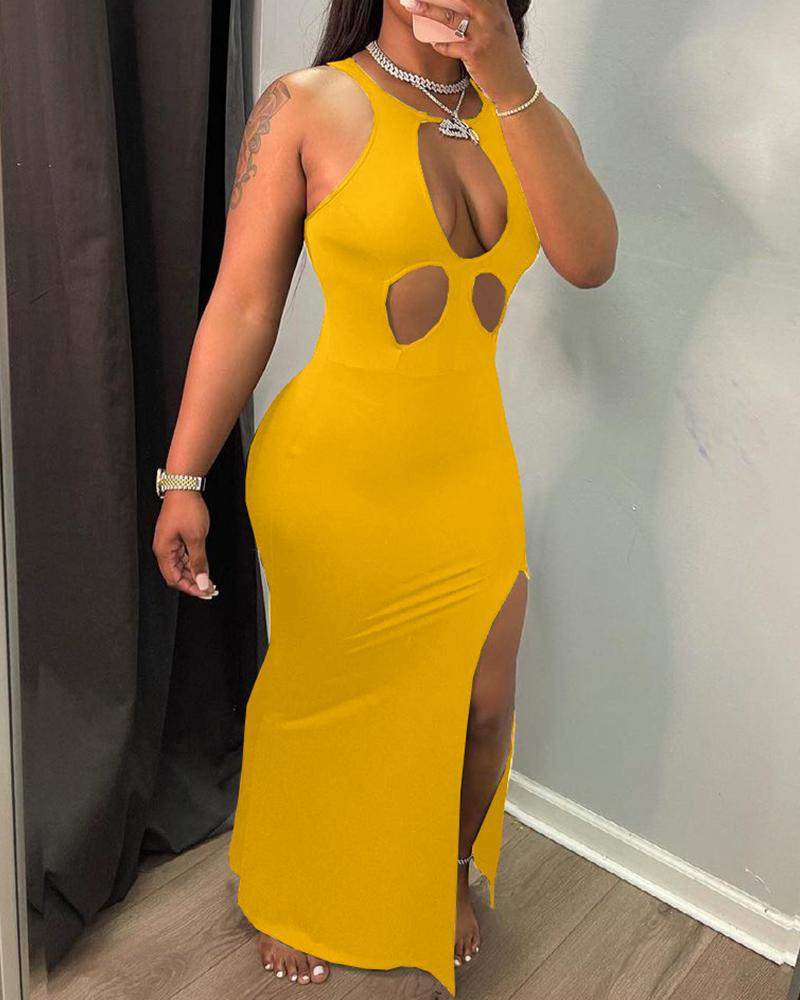 

Cutout High Slit O-neck Sleeveless Maxi Dress, Yellow