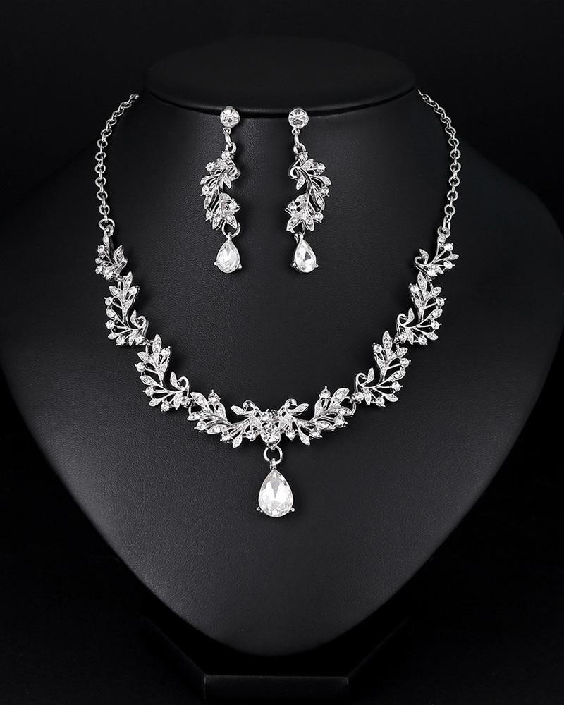 

Rhinestone Drop Earrings & Pendant Necklace Jewelry Set, Silver