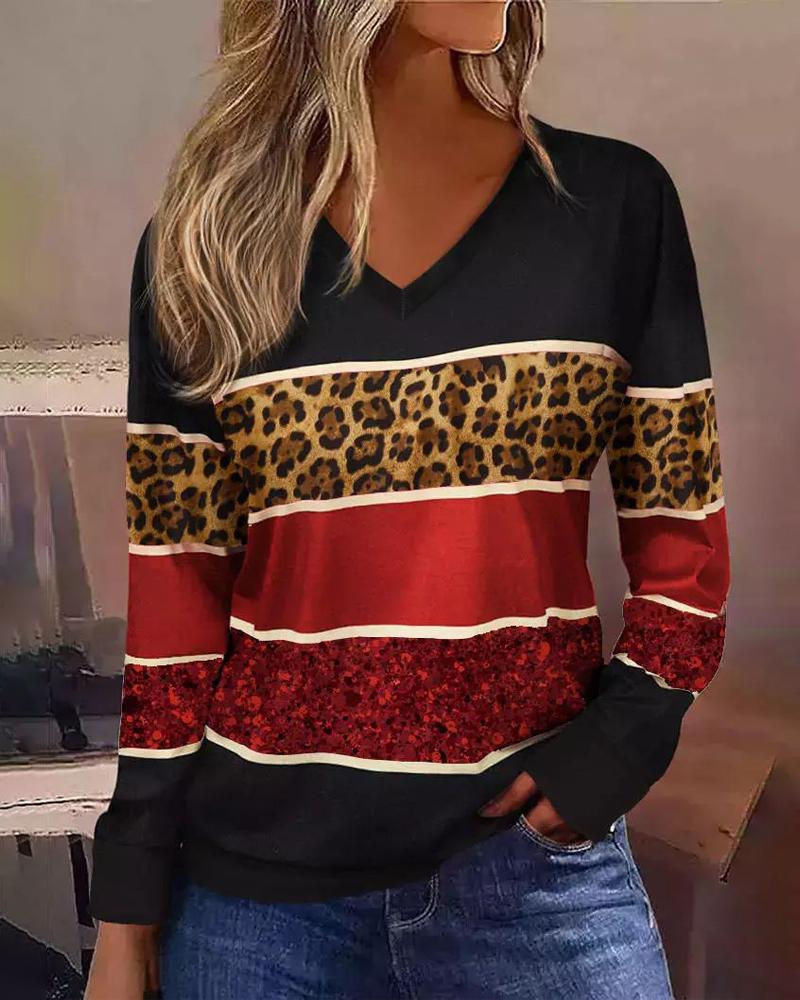 

Leopard Striped Print Long Sleeve Top, Red