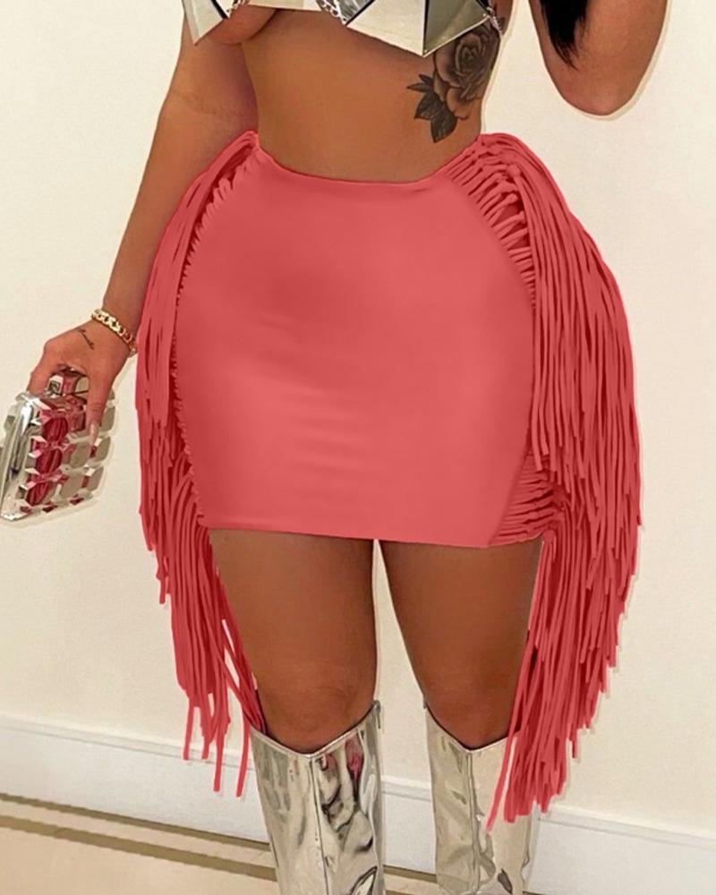 

Plain Tassel Trim Mini Skirt, Pink