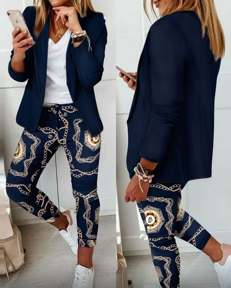 

Long Sleeve Blazer & Scarf Chain Print Pants Set, Blue