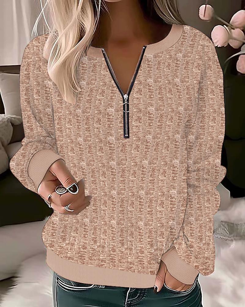 

Zipper Design Long Sleeve Ribbed Top, Khaki
