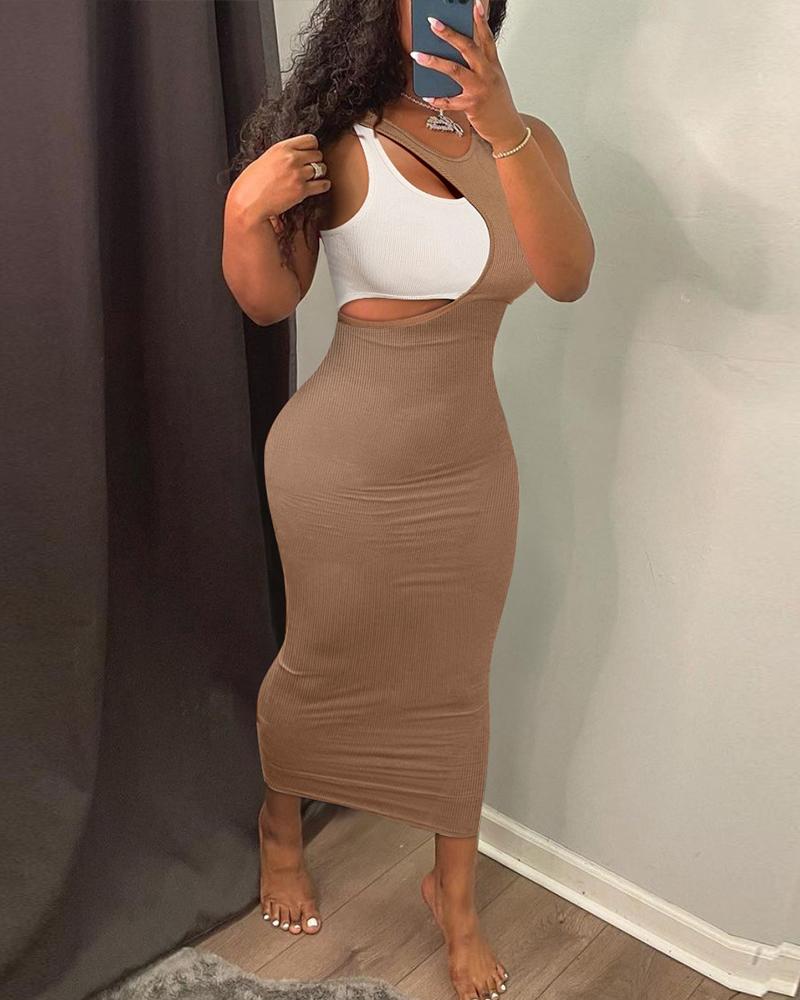

Colorblock Asymmetrical Neck Cutout Bodycon Dress, Brown