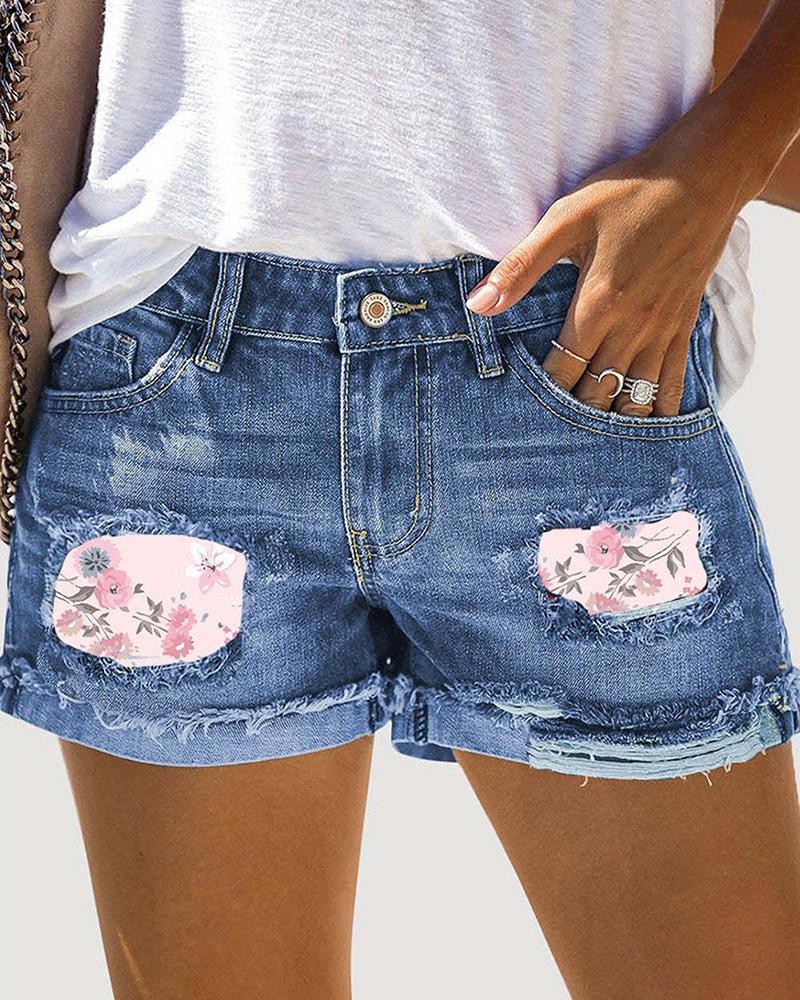 

Ditsy Floral Print Patchwork Ripped Denim Shorts, Blue