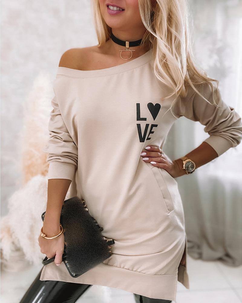 

Letter Print Long Sleeve Slit Casual Dress, Apricot