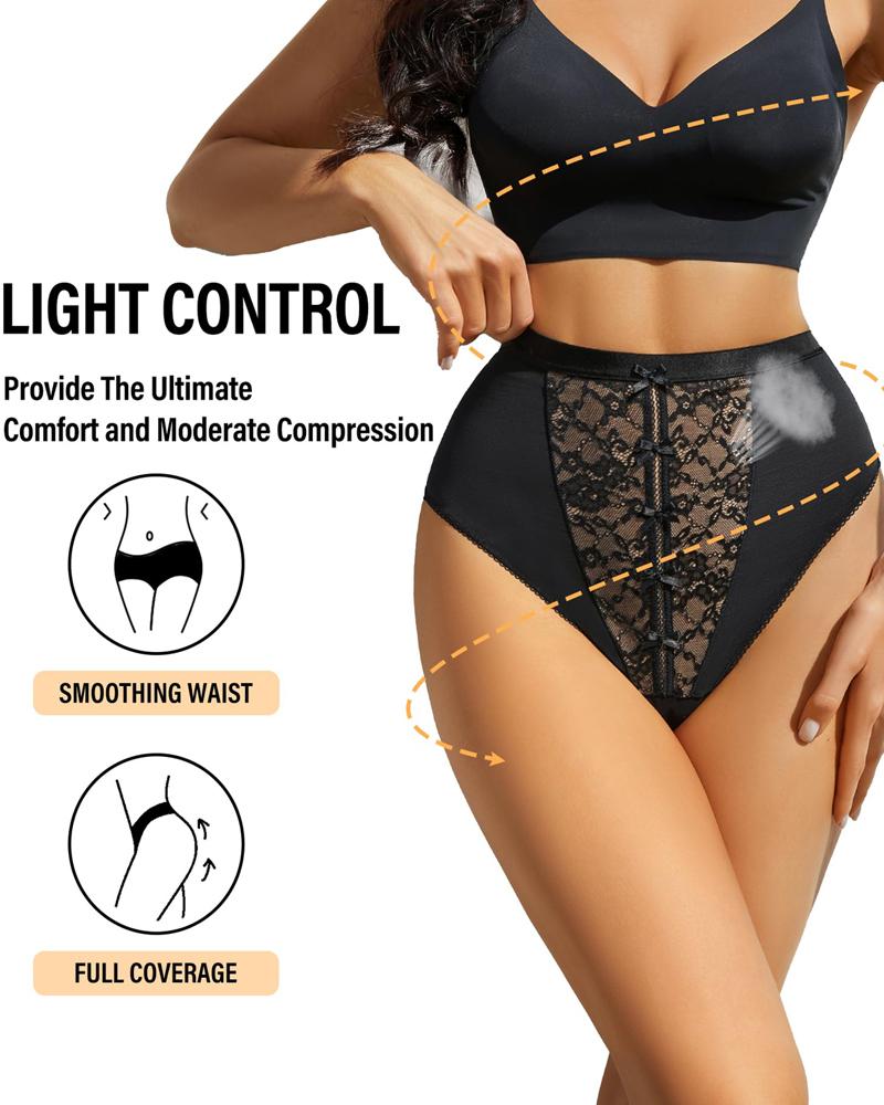 

High Waist Shapewear Panties Sheer Mesh Bow Tie Sexy Thong Body Shaper, Black