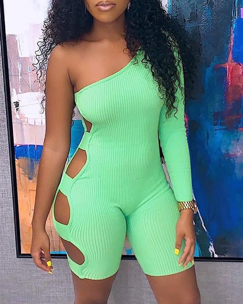 

Ribbed One Shoulder Cutout Romper, Green