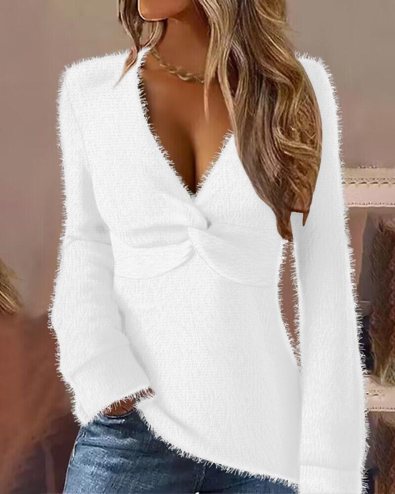 

Fuzzy Twisted V-Neck Long Sleeve Top, White