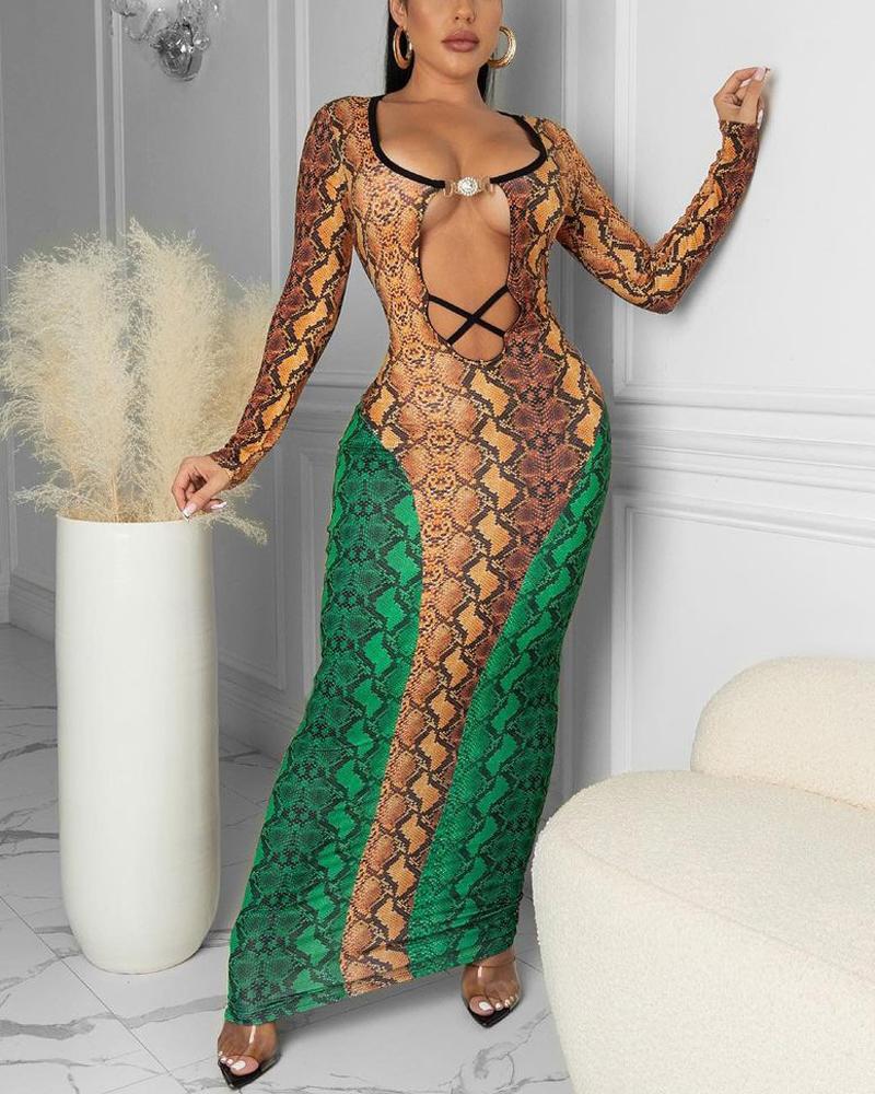 

Snakeskin Print Plunge Long Sleeve Maxi Dress, Green