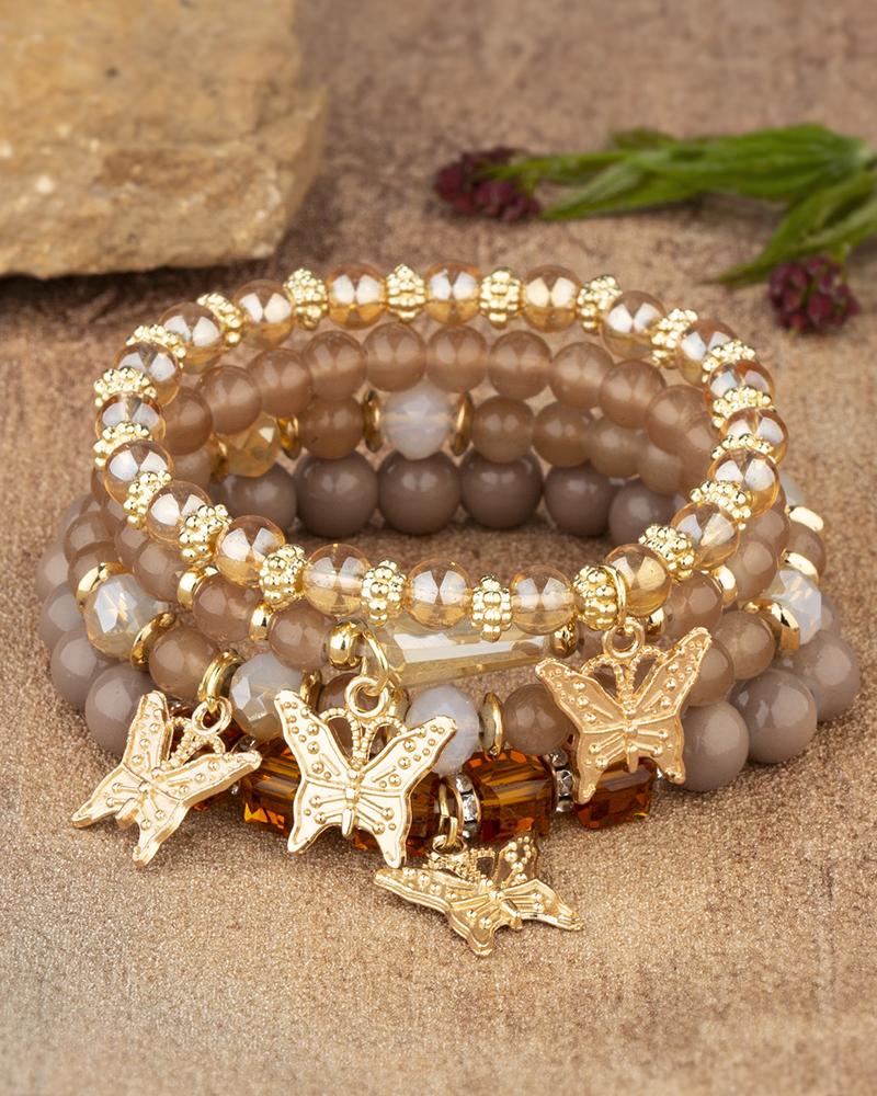

1pc Crystal Stone Beaded Butterfly Multi-Layer Bracelet, Coffee