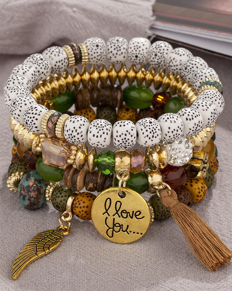 

4pcs Tassel Wing Charm Beaded Bracelet Set, Brown