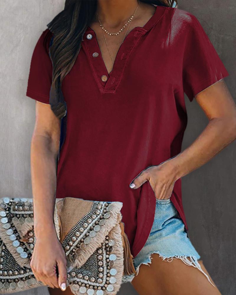 

Plain V Neck Button Design Top, Wine red